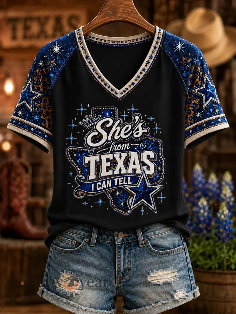 Women’s She’s From Texas I Can Tell Print Casual V-Neck Tee - Black / S