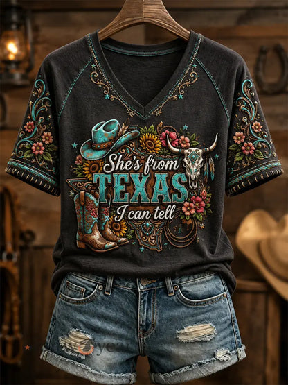 Women’s She’s From Texas I Can Tell Print Casual V-Neck Tee - Black / S