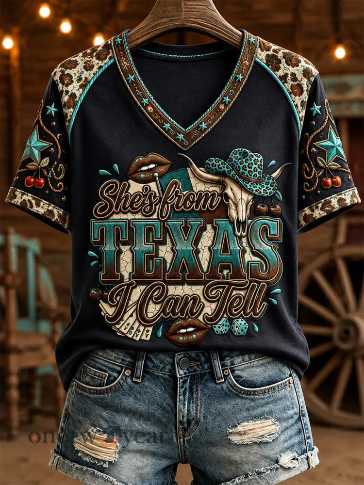 Women’s She’s From Texas I Can Tell Print Casual V-Neck Tee - Black / S