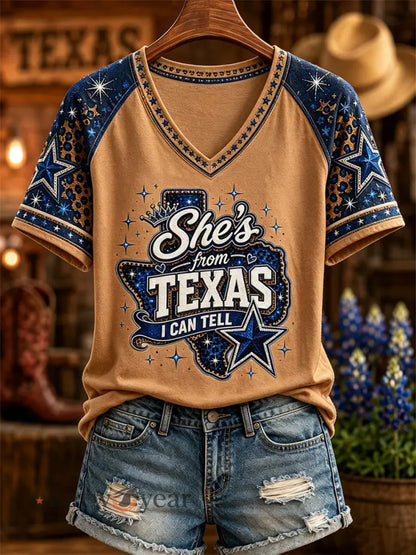 Women’s She’s From Texas I Can Tell Print Casual V-Neck Tee - Brown / S