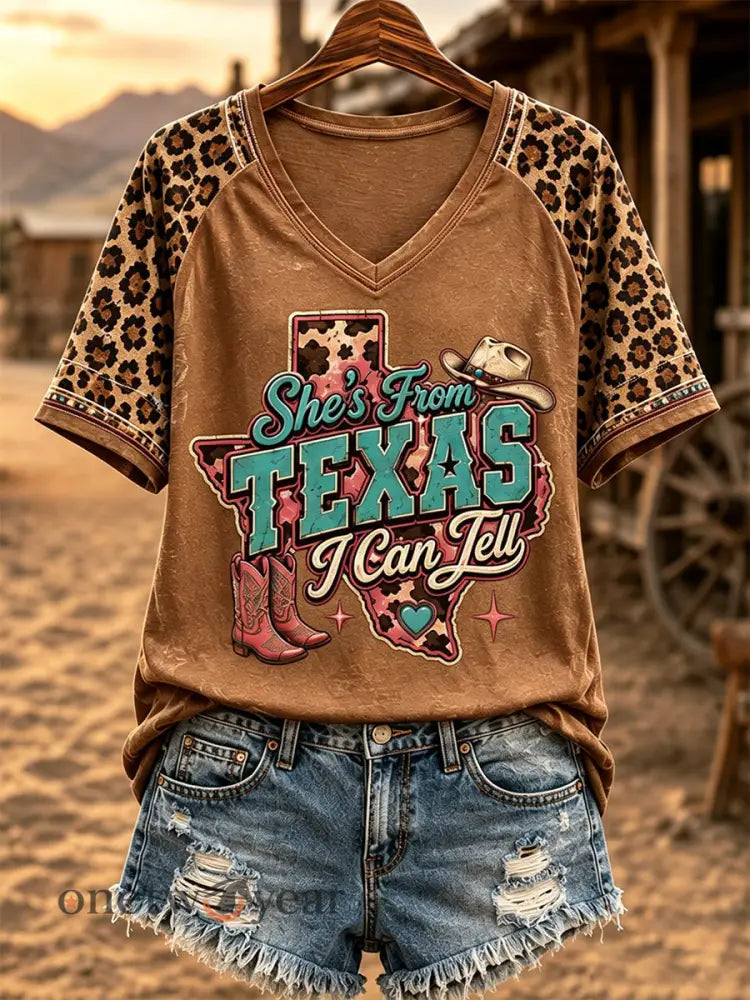 Women’s She’s From Texas I Can Tell Print Casual V-Neck Tee - Brown / S
