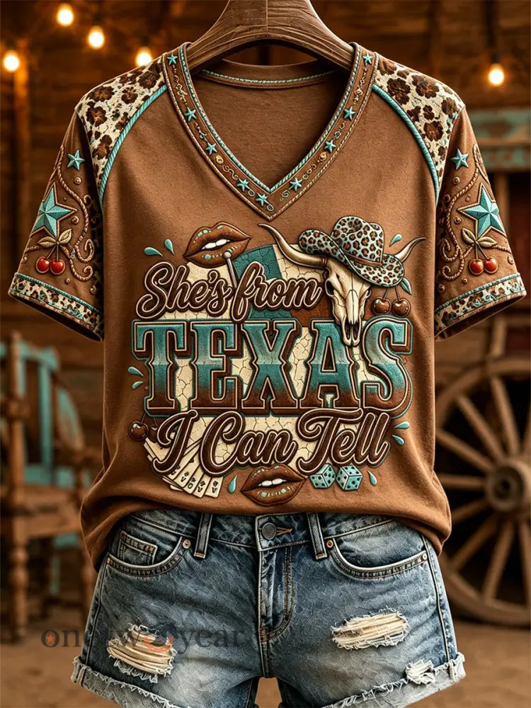 Women’s She’s From Texas I Can Tell Print Casual V-Neck Tee - Brown / S