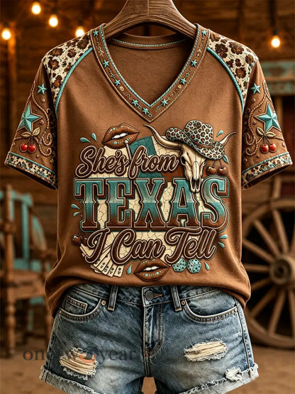 Women’s She’s From Texas I Can Tell Print Casual V-Neck Tee - Brown / S