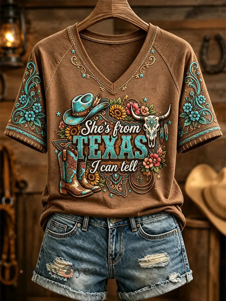 Women’s She’s From Texas I Can Tell Print Casual V-Neck Tee - Brown / S