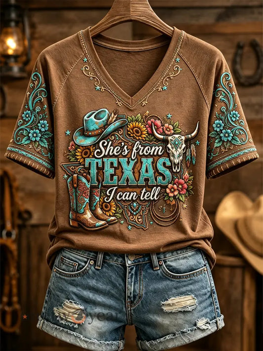 Women’s She’s From Texas I Can Tell Print Casual V-Neck Tee - Brown / S