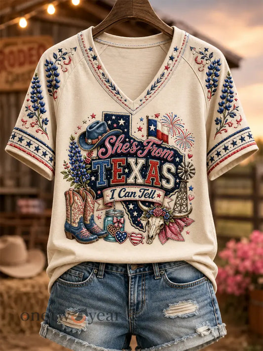 Women’s She’s From Texas I Can Tell Print Casual V-Neck Tee - Creamy-White / S