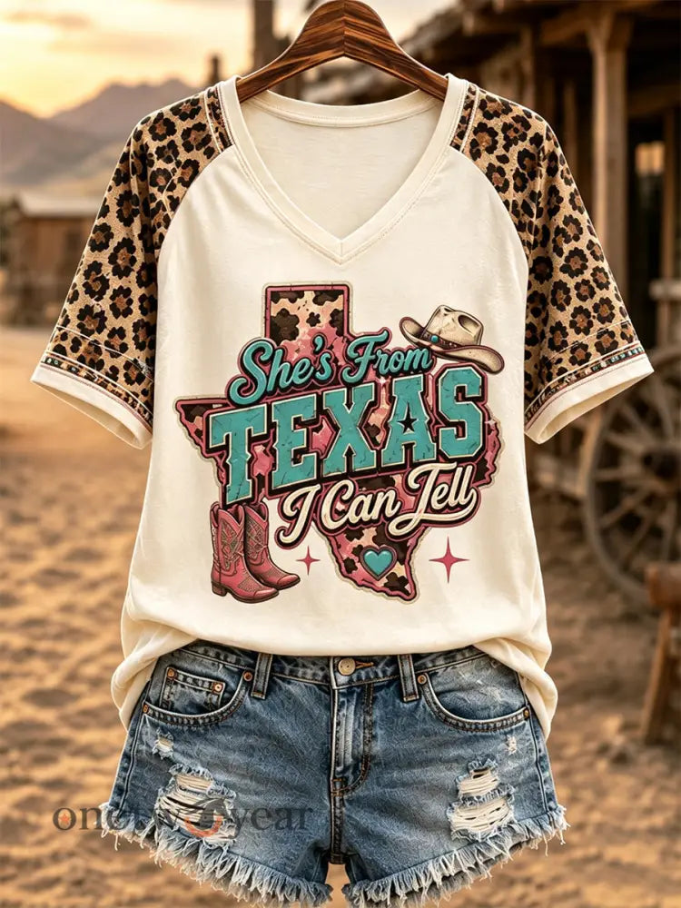 Women’s She’s From Texas I Can Tell Print Casual V-Neck Tee - Creamy-White / S