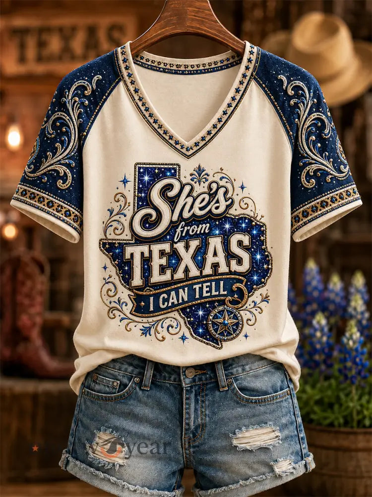 Women’s She’s From Texas I Can Tell Print Casual V-Neck Tee - Creamy-White / S