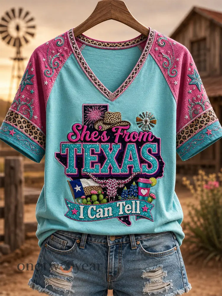Women’s She’s From Texas I Can Tell Print Casual V-Neck Tee - Light Blue / S