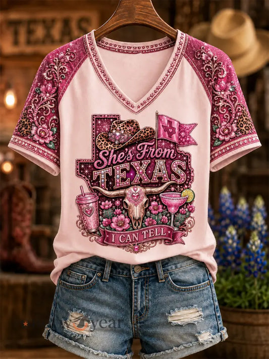 Women’s She’s From Texas I Can Tell Print Casual V-Neck Tee - Light Pink / S