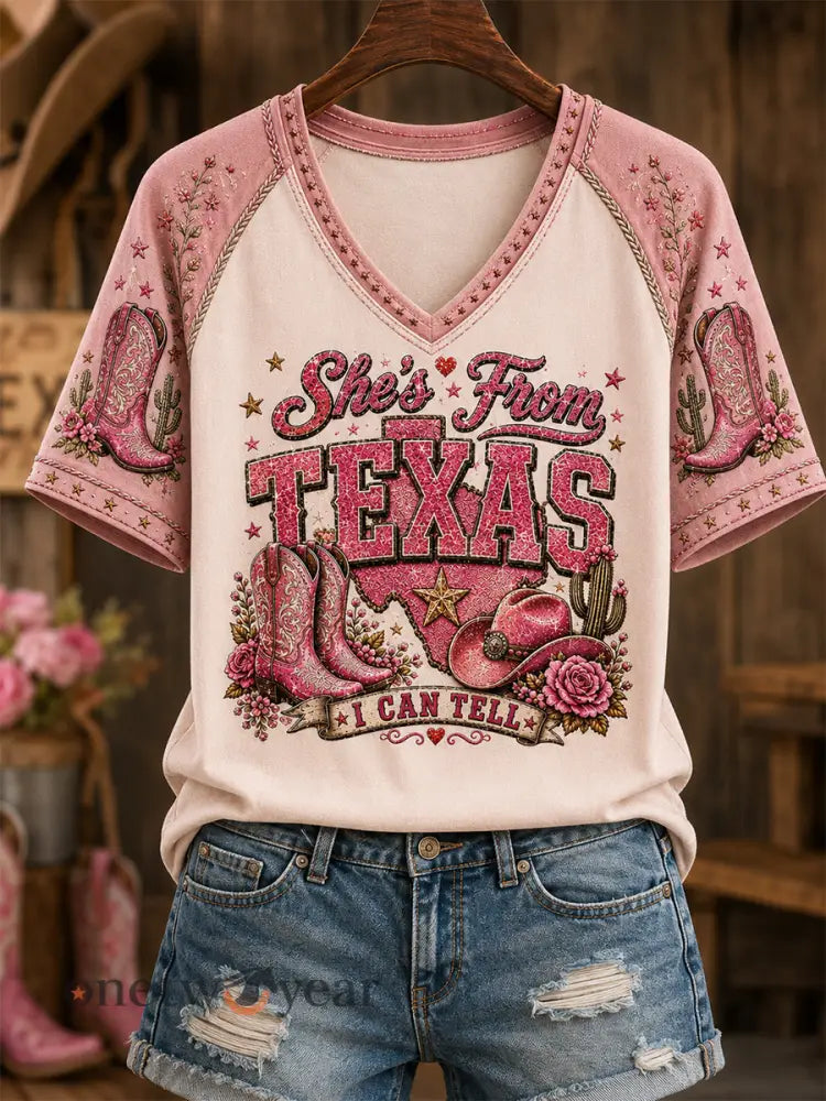 Women’s She’s From Texas I Can Tell Print Casual V-Neck Tee - Light Pink / S