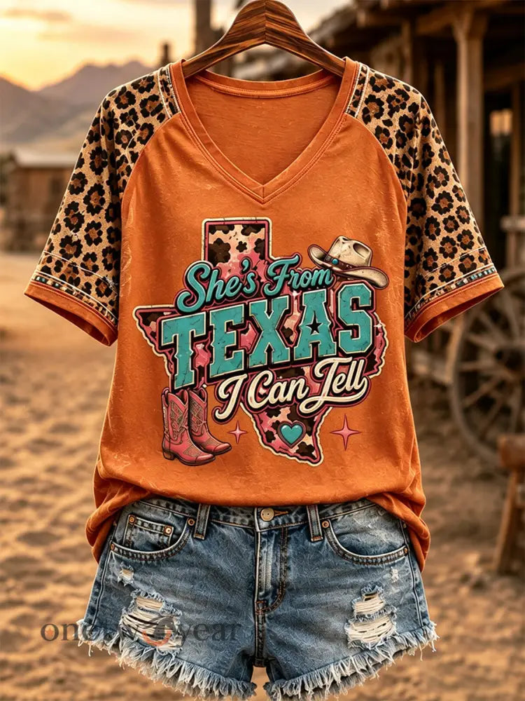 Women’s She’s From Texas I Can Tell Print Casual V-Neck Tee - Orange / S