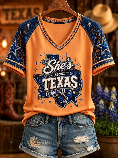 Women’s She’s From Texas I Can Tell Print Casual V-Neck Tee - Orange / S