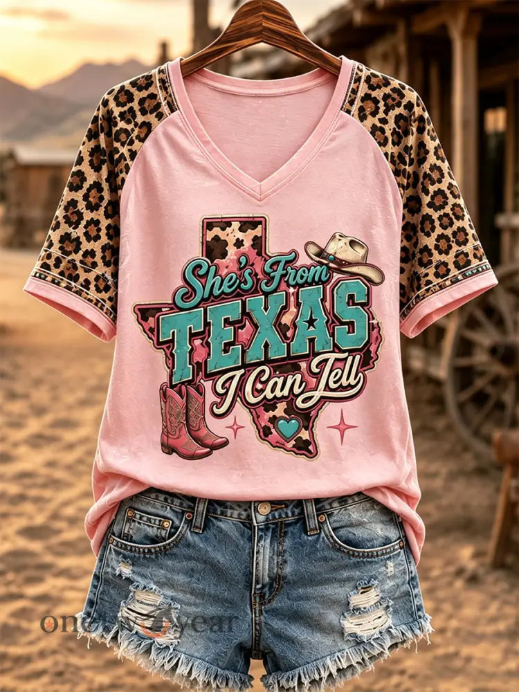 Women’s She’s From Texas I Can Tell Print Casual V-Neck Tee - Pink / S