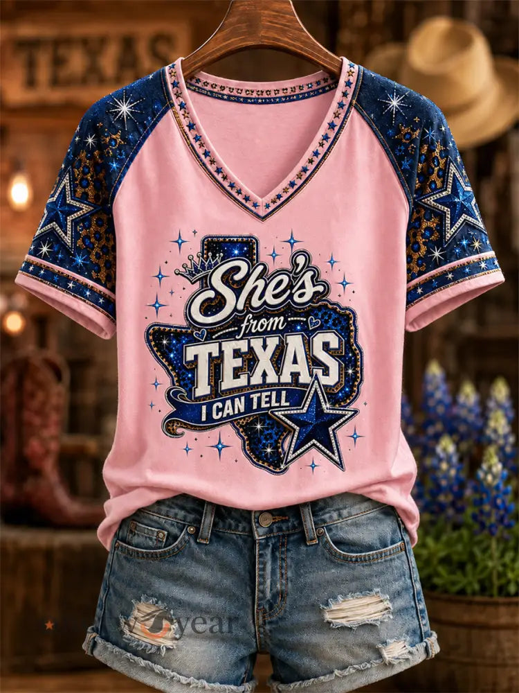 Women’s She’s From Texas I Can Tell Print Casual V-Neck Tee - Pink / S