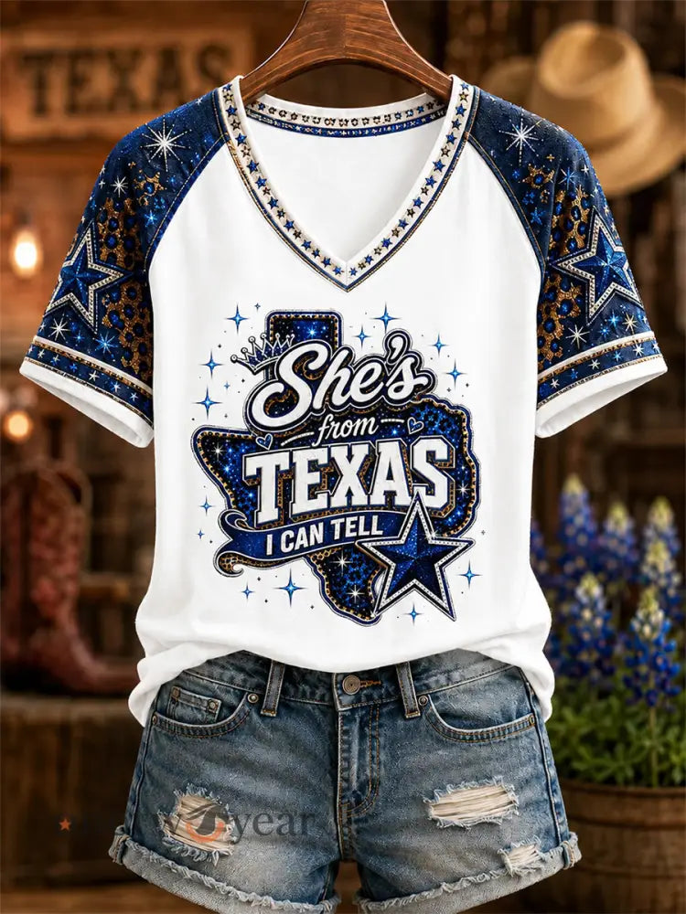 Women’s She’s From Texas I Can Tell Print Casual V-Neck Tee - White / S