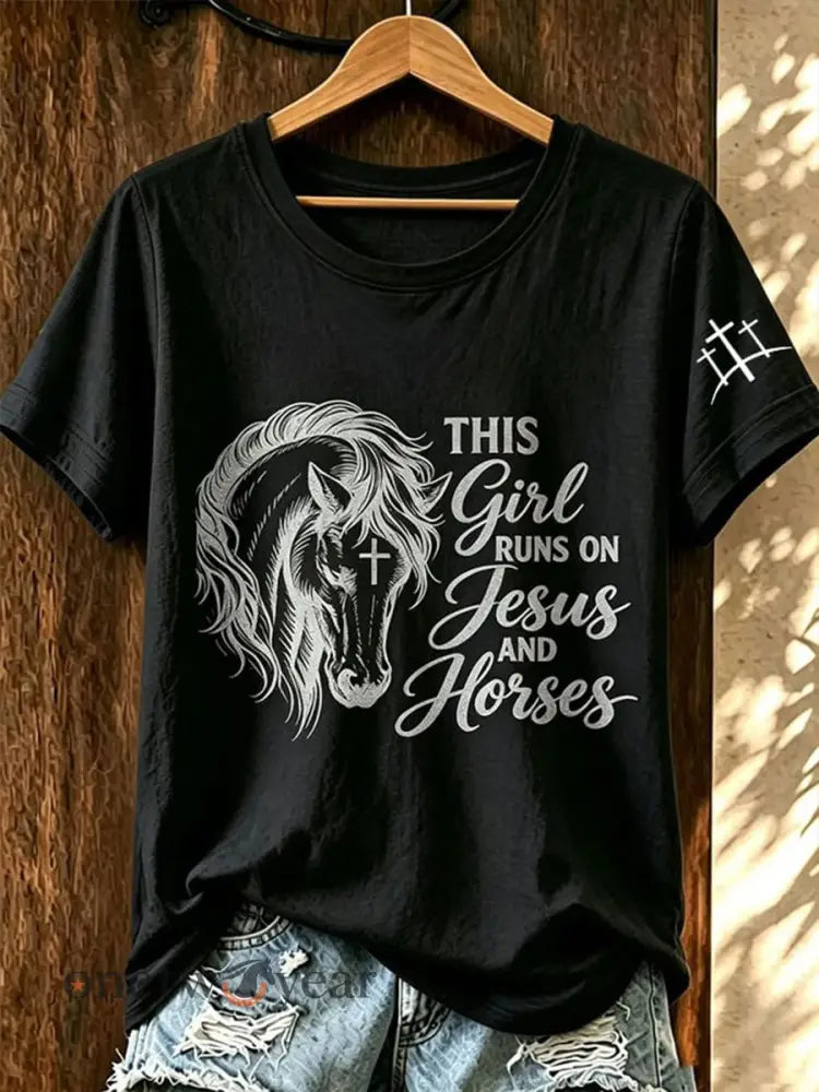 Women’s This Girl Runs On Jesus And Horses Short-sleeved T-shirt - Black / S