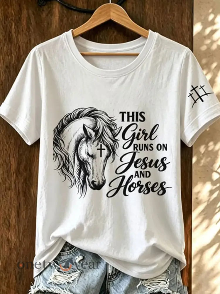 Women’s This Girl Runs On Jesus And Horses Short-sleeved T-shirt - White / S