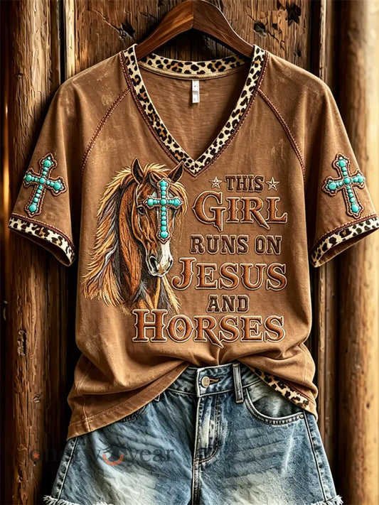 Women’s This Girl Runs on Jesus and Horses Turquoise Cross Print short-sleeved T-shirt - Brown / S
