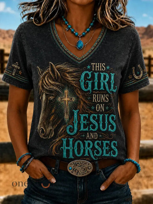 Women’s This Gitl Runs On Jesus And Horses Short-sleeved T-shirt - Dark Gray / S