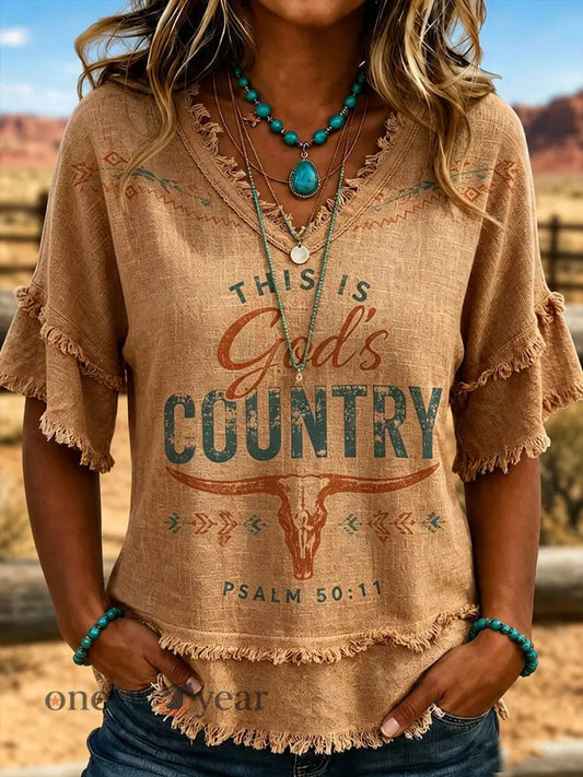 Women’s This Is God’s Country Cotton-Linen Shirt - Brown / S