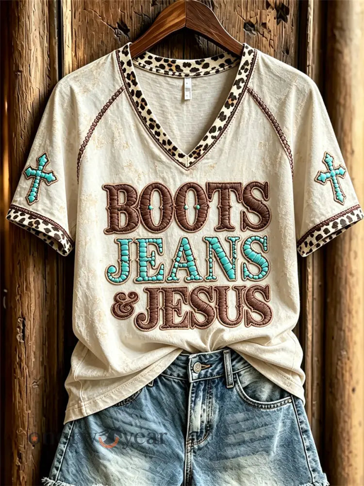 Women’s Vintage Boots Jeans & Jesus Western Cross Leopard Print short-sleeved T-shirt - Beige / S