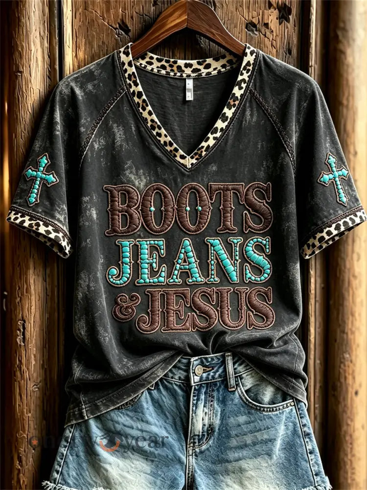 Women’s Vintage Boots Jeans & Jesus Western Cross Leopard Print short-sleeved T-shirt - Black / S