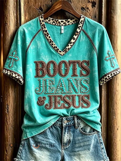Women’s Vintage Boots Jeans & Jesus Western Cross Leopard Print short-sleeved T-shirt - Blue-Green / S