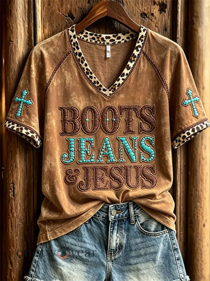 Women’s Vintage Boots Jeans & Jesus Western Cross Leopard Print short-sleeved T-shirt - Brown / S