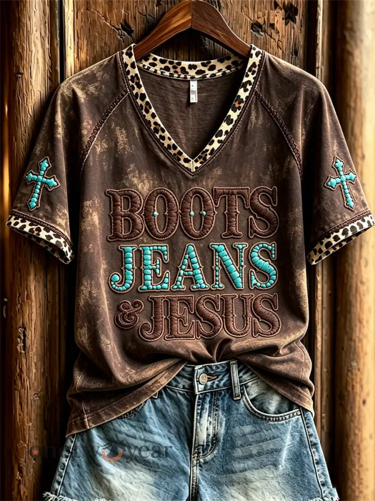 Women’s Vintage Boots Jeans & Jesus Western Cross Leopard Print short-sleeved T-shirt - Dark Brown / S