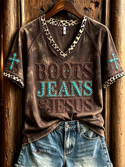 Women’s Vintage Boots Jeans & Jesus Western Cross Leopard Print short-sleeved T-shirt - Dark Brown / S