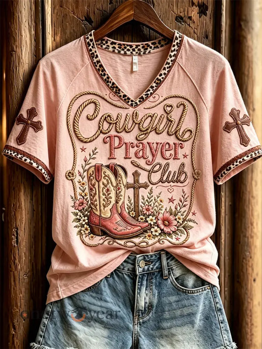 Women’s Vintage Cowgirl Prayer Club Western Print short-sleeved T-shirt - Pink / S