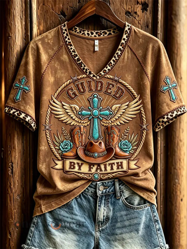 Women’s Vintage Guided By Faith Western Print short-sleeved T-shirt - Brown / S