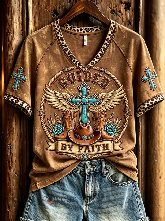 Women’s Vintage Guided By Faith Western Print short-sleeved T-shirt - Brown / S