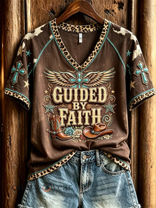 Women’s Vintage Guided By Faith Western Print short-sleeved T-shirt - Brown / S