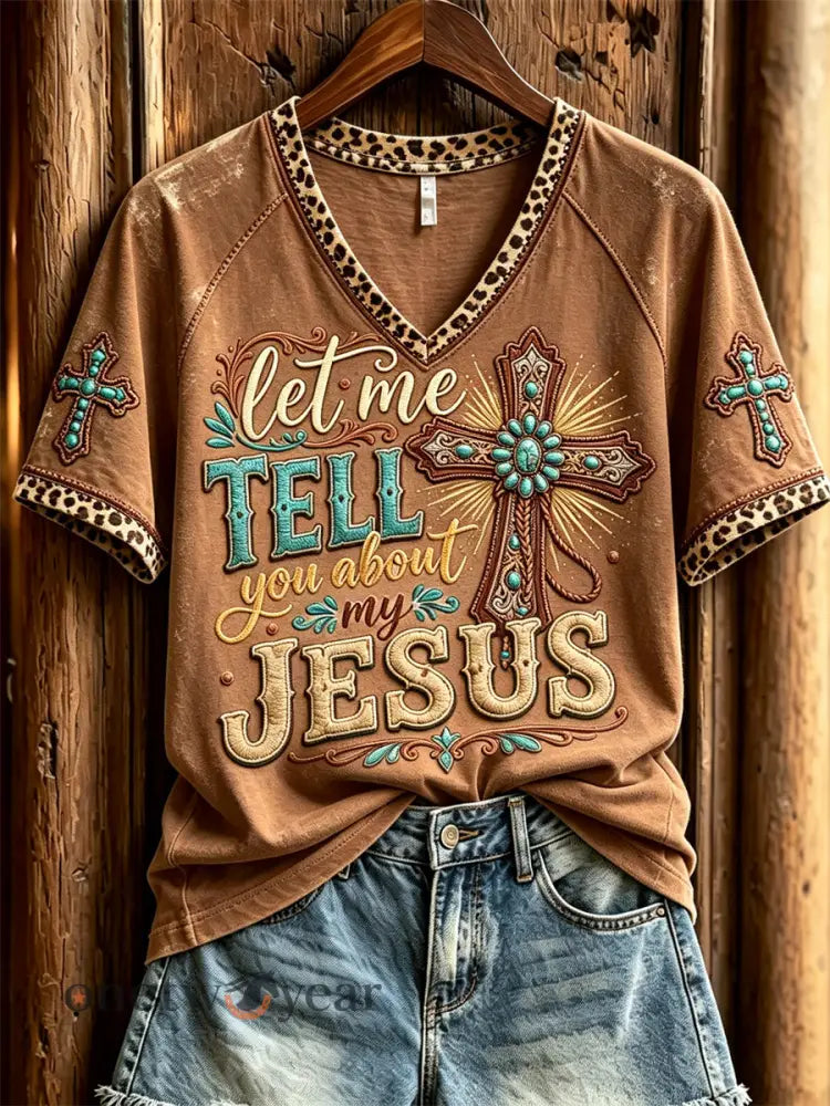 Women’s Vintage Let Me Tell You About My Jesus Western Print short-sleeved T-shirt - Brown / S