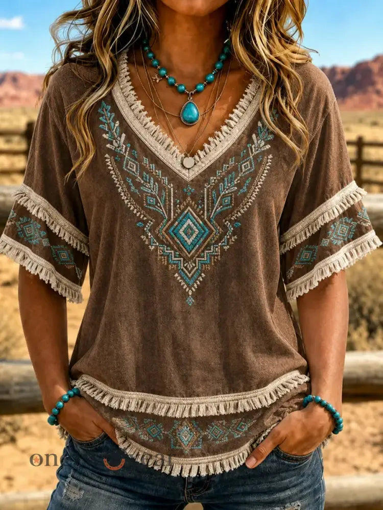 Women’s Vintage Western Art Cotton-Linen Shirt - As picture / S