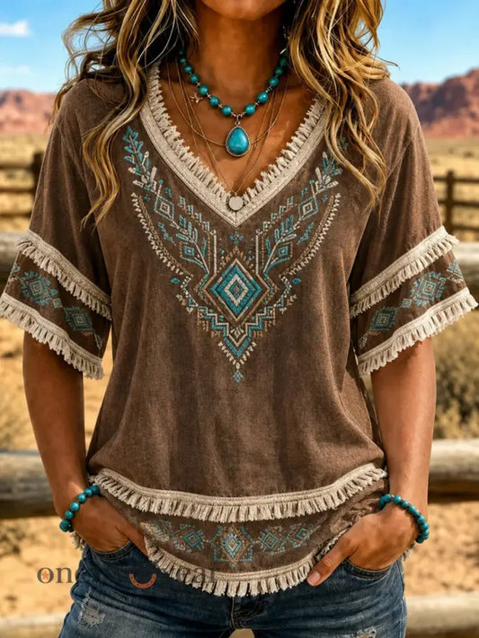 Women’s Vintage Western Art Cotton-Linen Shirt - As picture / S