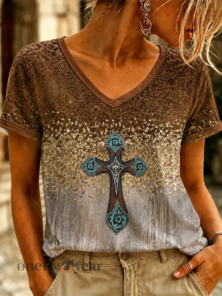 Women’s Vintage Western Faith Printed V-neck T-shirt - As picture / S