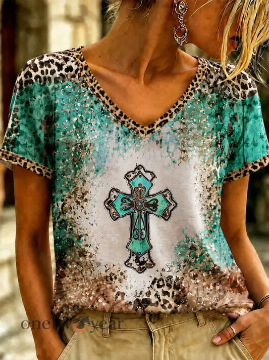 Women’s Vintage Western Faith Printed V-neck T-shirt - As picture / S