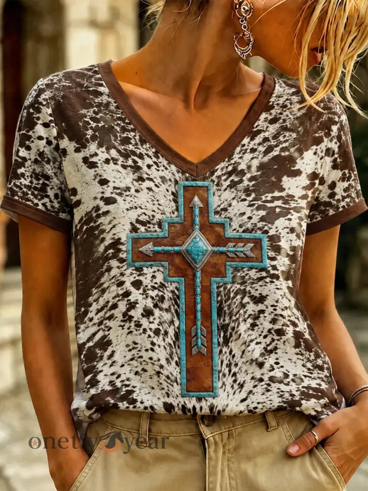 Women’s Vintage Western Faith Printed V-neck T-shirt - As picture / S