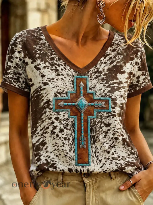 Women’s Vintage Western Faith Printed V-neck T-shirt - As picture / S