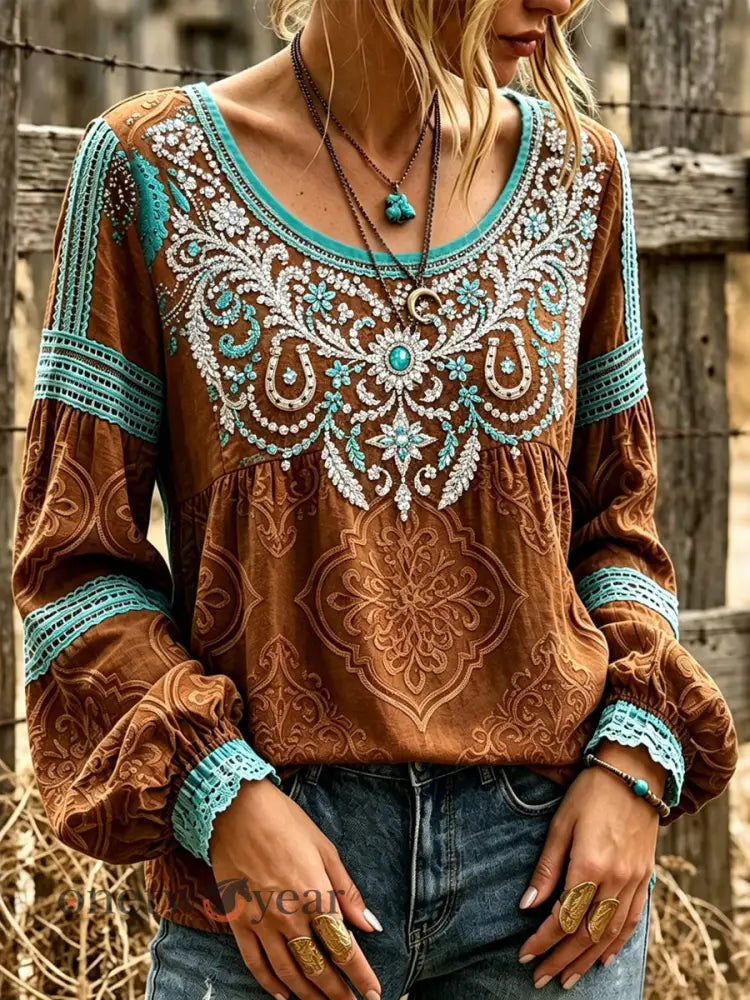 Women’s Vintage Western Floral Art Glitter Print Cotton and Linen Top - Brown / S