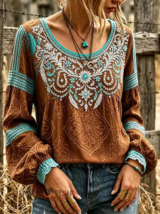 Women’s Vintage Western Floral Art Glitter Print Cotton and Linen Top - Brown / S