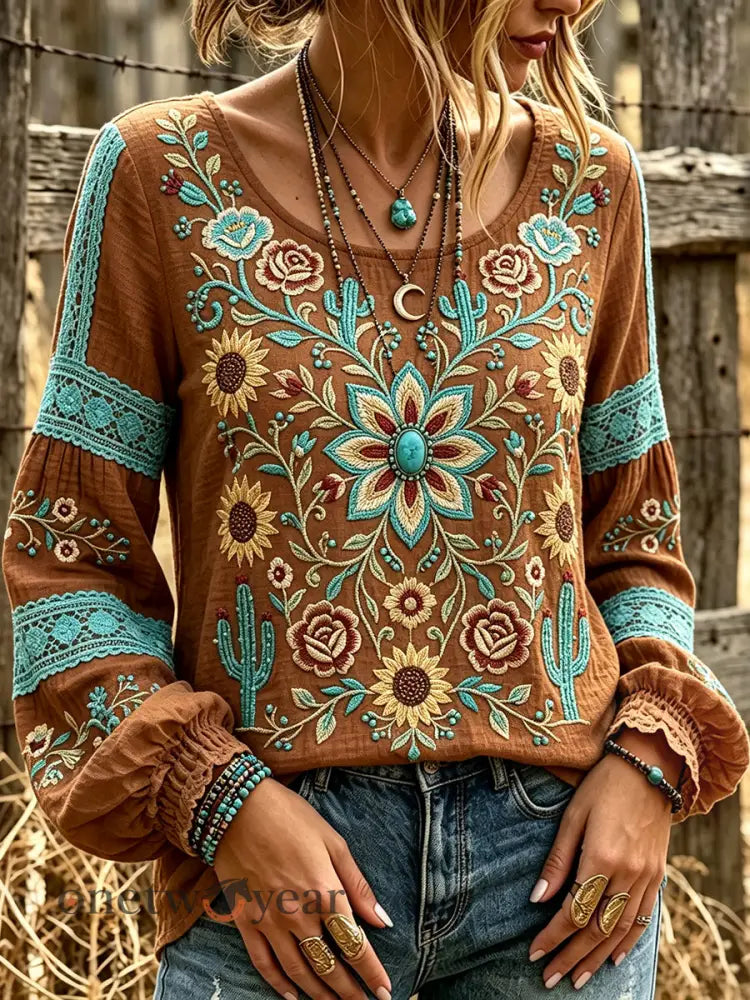 Women’s Vintage Western Floral Art Print Cotton and Linen Top - Brown / S