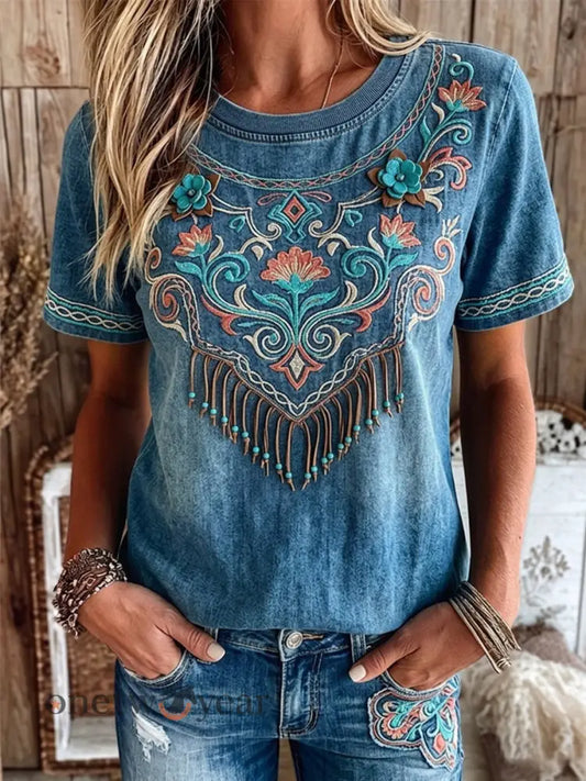 Women’s Vintage Western Floral Art Tassel Print Short-sleeved T-shirt - Blue / S