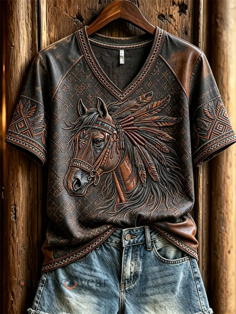 Women’s Vintage Western Horse Ethnic Leather Art Print V-neck short-sleeved T-shirt - Dark Brown / S