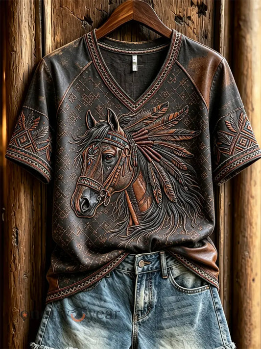 Women’s Vintage Western Horse Ethnic Leather Art Print V-neck short-sleeved T-shirt - Dark Brown / S