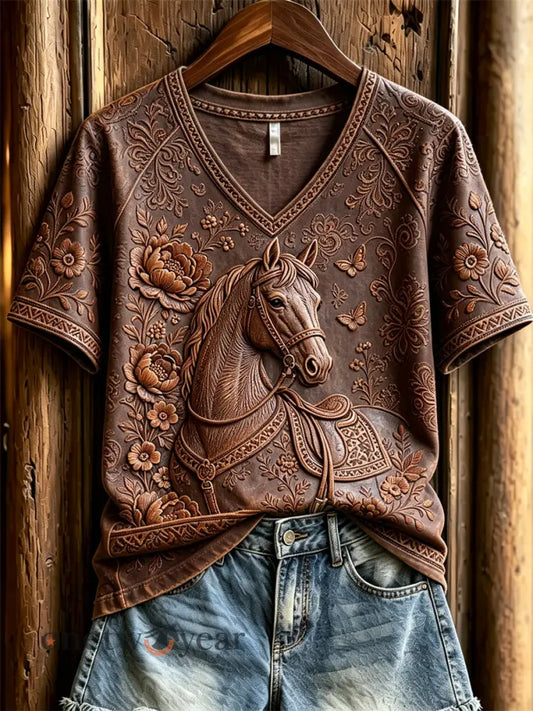 Women’s Vintage Western Horse Floral Leather Art Print V-neck short-sleeved T-shirt - Brown / S