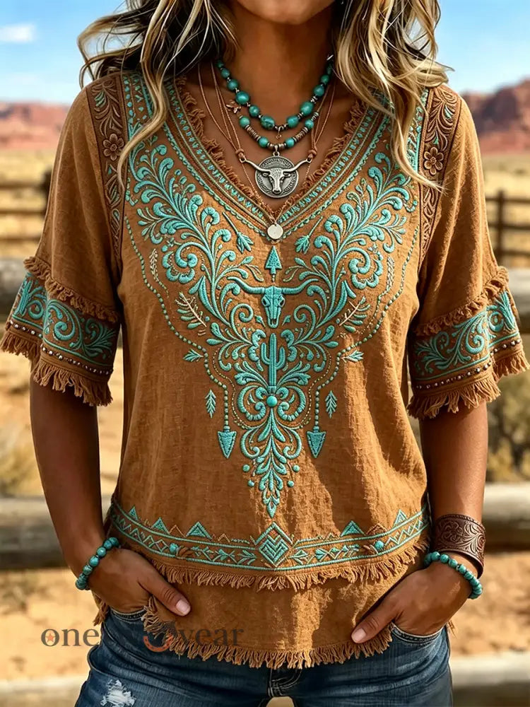 Women’s Vintage Western Pattern Print Tassel Cotton-Linen Shirt - Coffee / S